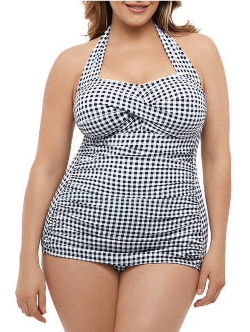 Catalina Suddenly Slim Black and White Gingham Halter One-Piece Swimsuit